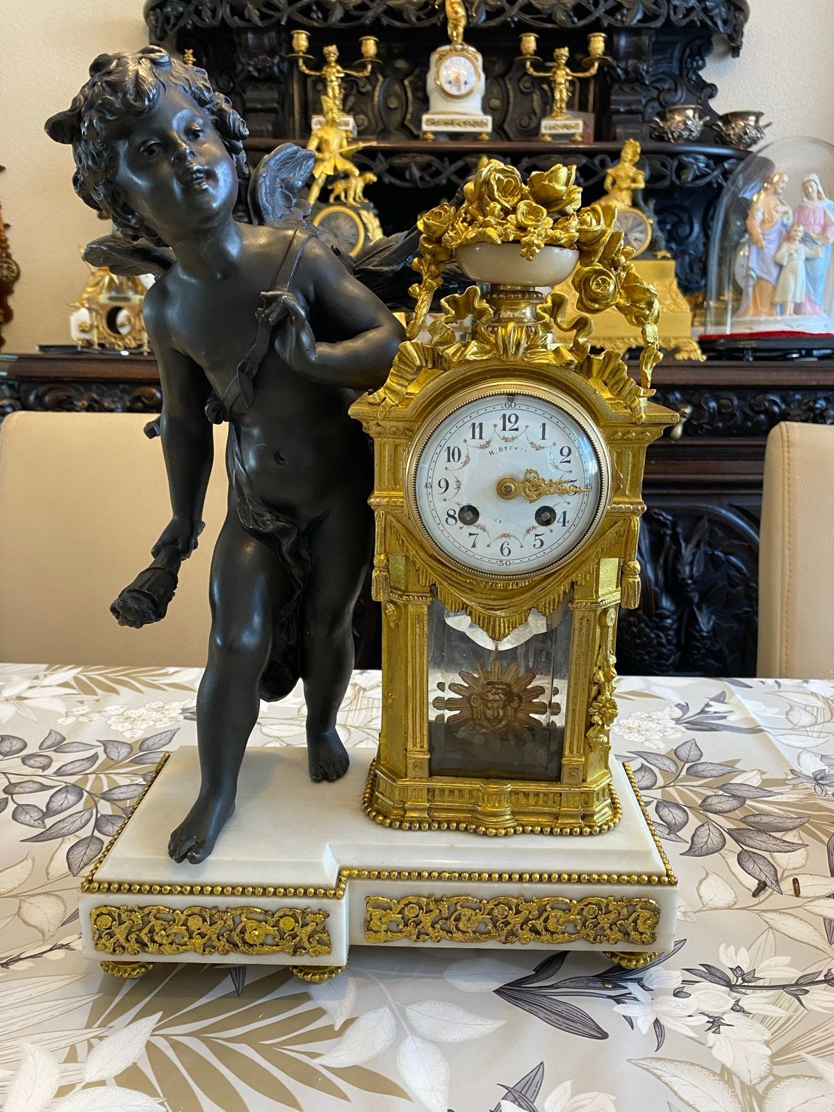 Antieke Cupido Klok met Vergulde Details, Ophalen of Verzenden