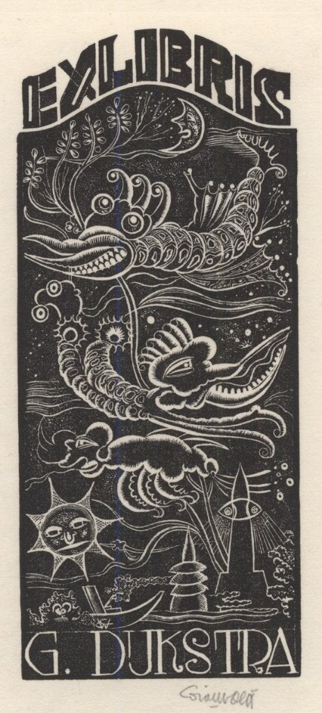 0387 Ex Libris Nederland : Cor de Wolff, 1943, Antiek en Kunst, Kunst | Etsen en Gravures, Verzenden, Ex libris