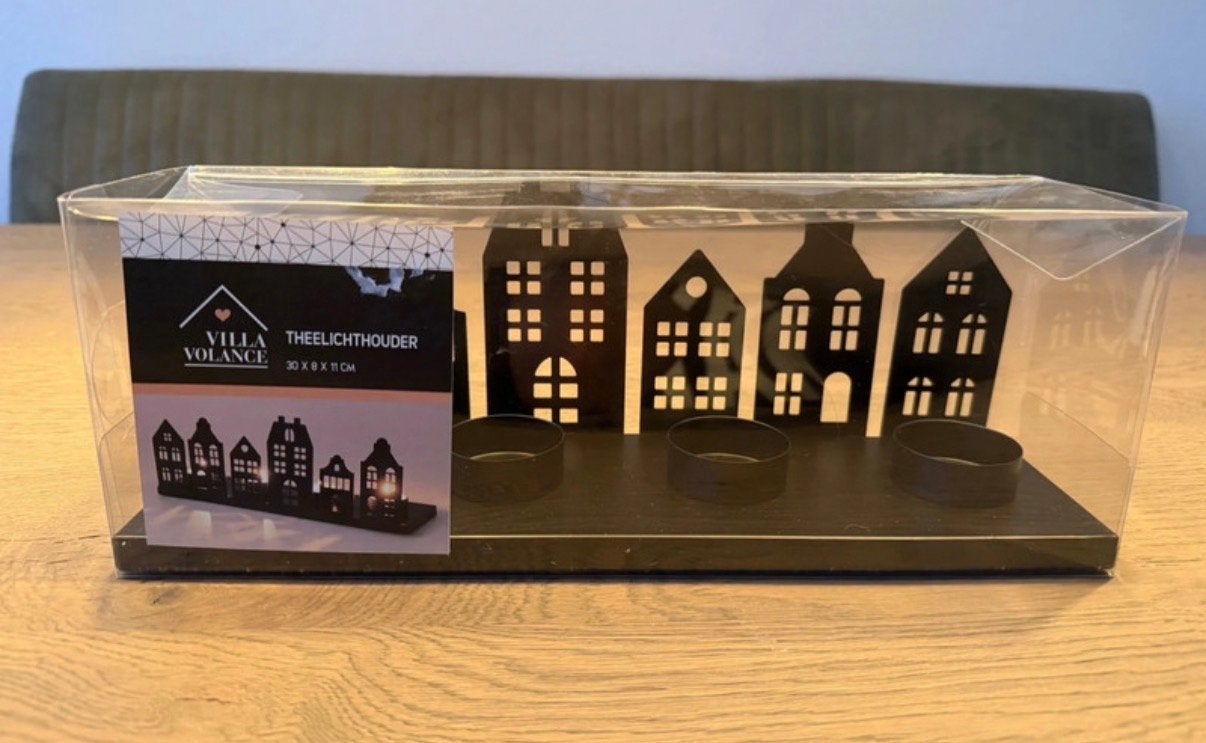 Villa Volance Theelichthouder Grachtenpandjes Zwart, Waxinelichthouder, Nieuw, Ophalen of Verzenden, Metaal