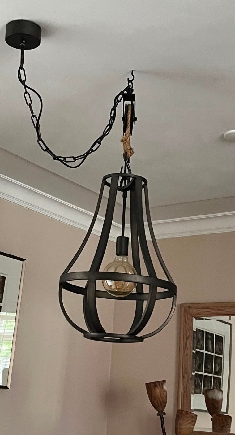 Industriële hanglamp met katrol, Ophalen, Gebruikt, Metaal, E27 (groot)