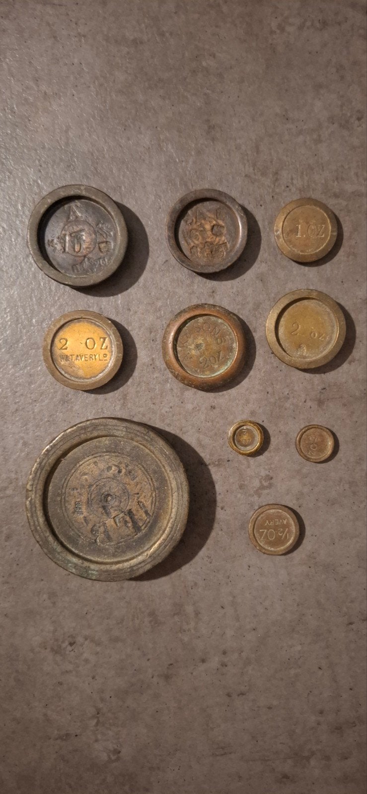 10x Antieke Koperen / Messing Balans Gewichten - W&T AVERY L, Ophalen of Verzenden
