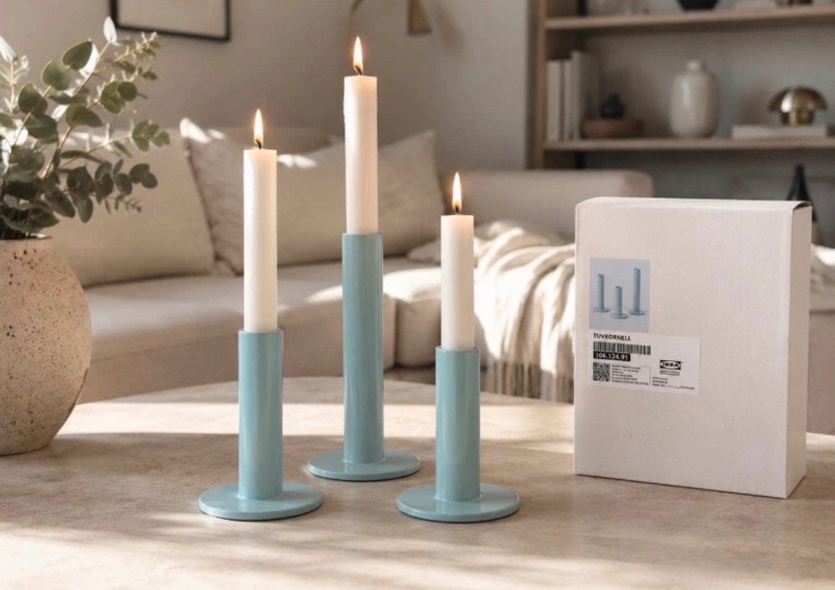 IKEA TUVKORNELL kaarsenhouder set 3 stuks lichtblauw, Blauw, IKEA, Ophalen of Verzenden, Zo goed als nieuw