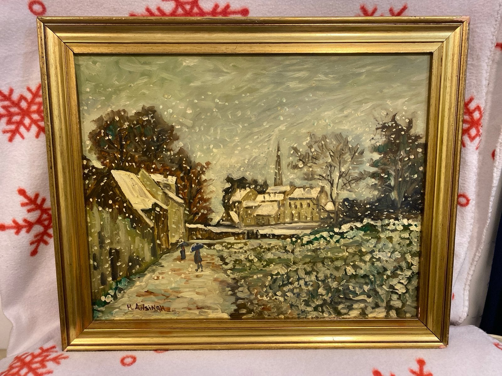 H. Ansingh - Winters stadsgezicht, olieverf op board, Paneel, Realistisch, Ophalen of Verzenden, Gesigneerd