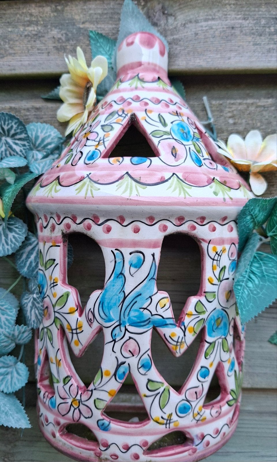 Decoratieve Keramische Lantaarn met Bloemen en Vogels, Ophalen, Meerkleurig, Mediterraans, Zo goed als nieuw