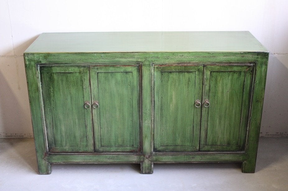 Unieke Oosterse Kast Vintage Groen Chinees Dressoir Werelds, Stoer Kleurrijk Uniek Vintage Look Bohemian Landelijk Retro Boho
