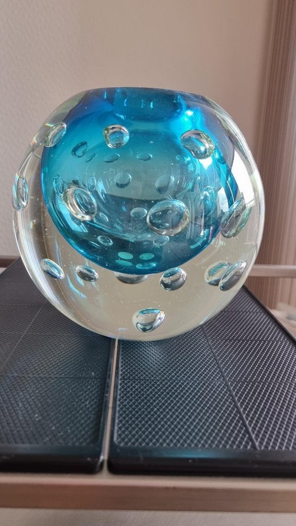 Blauwe bol vormige glazen kandelaar, waxinelichthouder, Ophalen, Gebruikt, Blauw, Overige merken