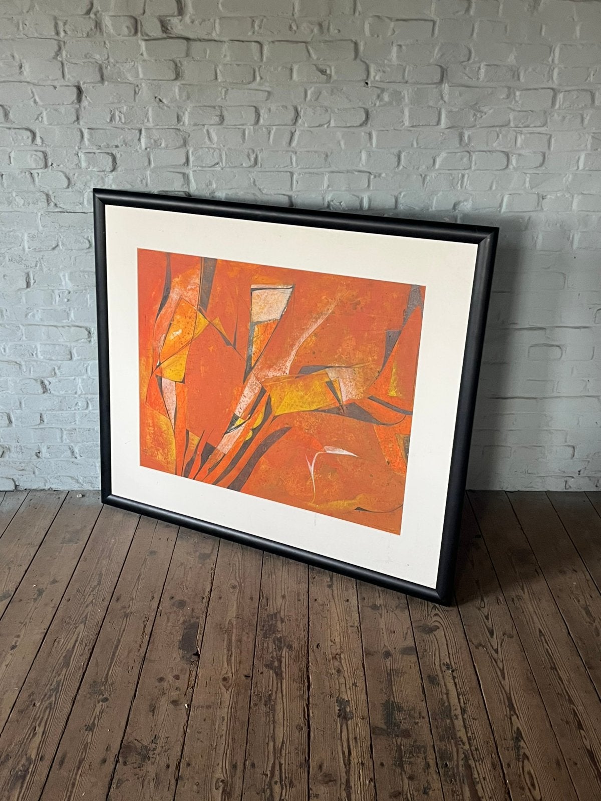 Groot abstract Schilderij oranje lijst kunstwerk krijt, Ophalen
