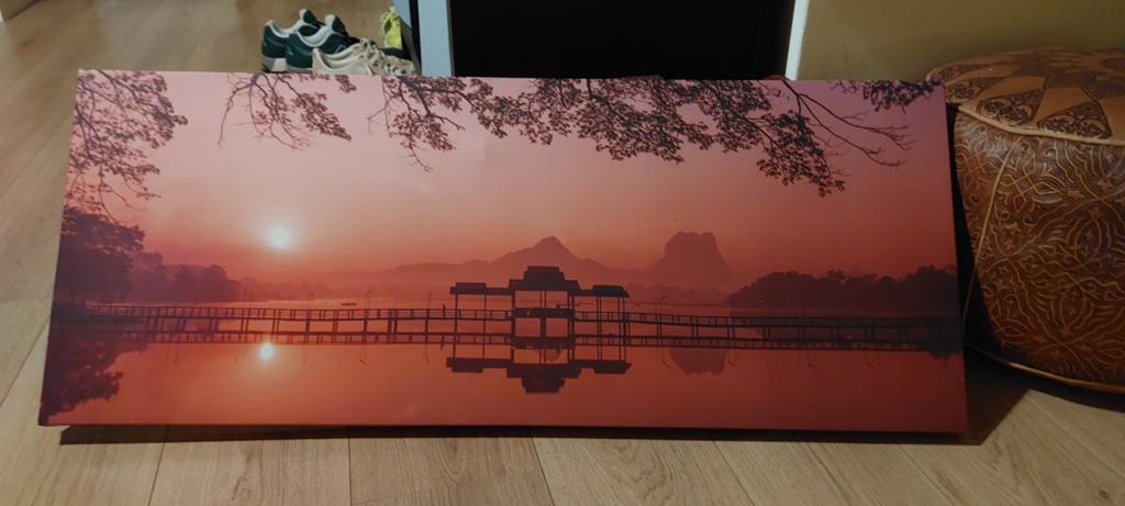 Canvas aziatische zonsondergang, Huis en Inrichting, Woonaccessoires | Schilderijen, Tekeningen en Foto's, Zo goed als nieuw, Print