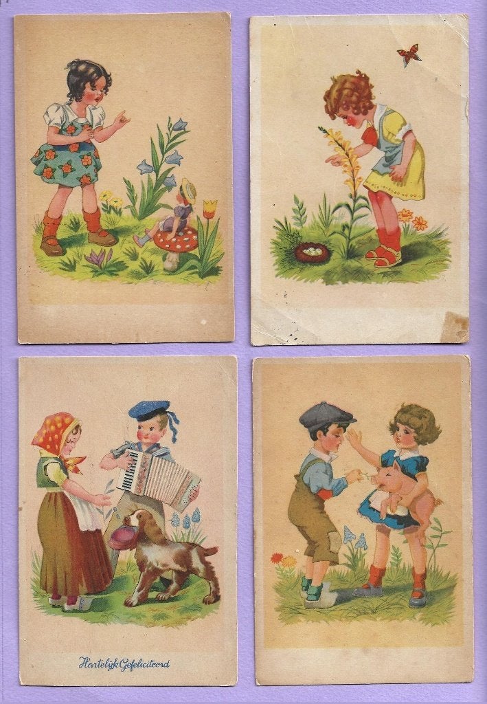 Oude kinderkaarten - meisje-accordeon-hond- big-bloemen, Ophalen of Verzenden, 1940 tot 1960, Gelopen, Kinderen