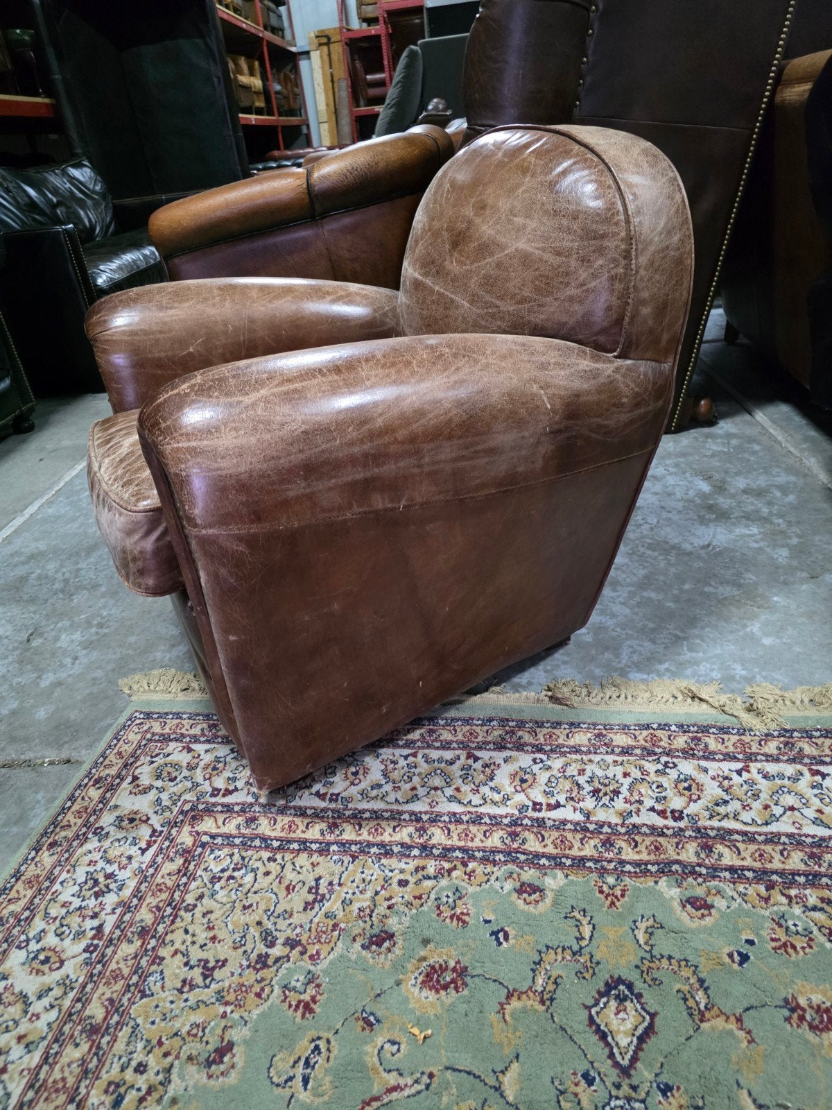 Moustache stijl fauteuil cigar brown + BEZORGING GRATIS, Huis en Inrichting, Fauteuils, Gebruikt, Art deco, ., Ophalen of Verzenden