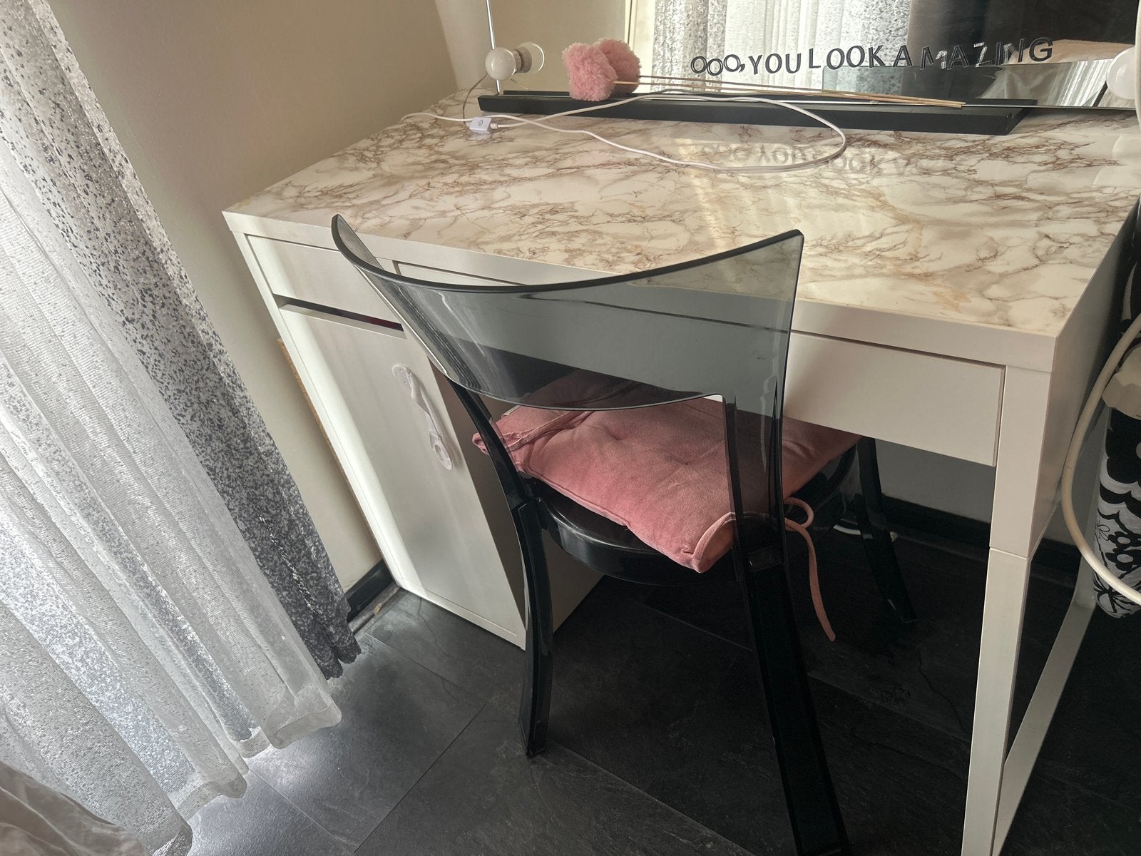 Make-up tafel met marmerlook blad en lade, Ophalen, Gebruikt, 50 tot 100 cm, Minder dan 100 cm