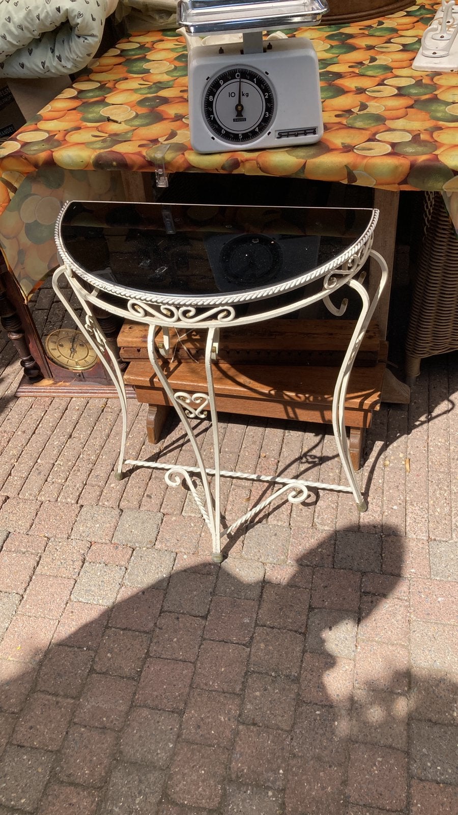 Vintage Console Tafel met Glazen Blad - Crème Metaal, Ophalen, Gebruikt, Metaal of Aluminium, 75 cm of meer