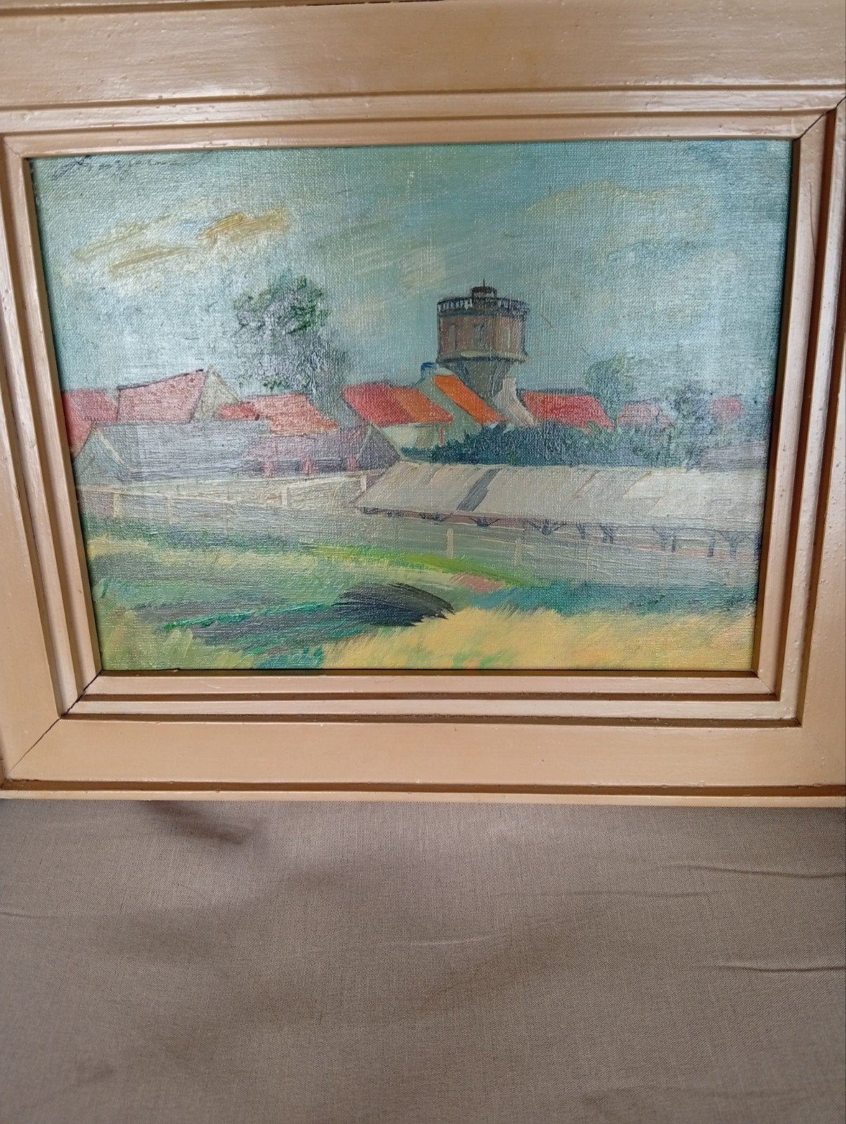 Olieverfschilderij: Dorpsgezicht met watertoren, gesigneerd, Ophalen of Verzenden