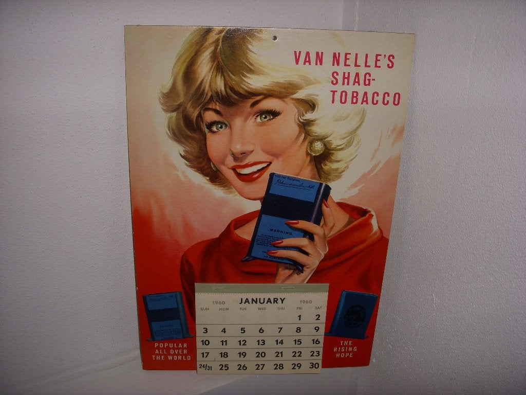 TOP reclamebord van Van Nelle's shag met kalender 1960, Ophalen of Verzenden, Zo goed als nieuw, Reclamebord