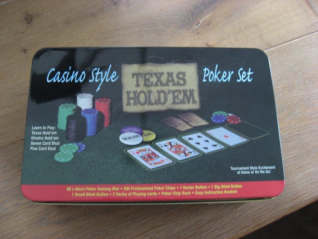 Casino style poker set Texas hold'em in blikken trommel, Verzenden, Nieuw