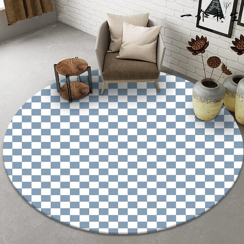 Lichtblauw Wit Geblokt Rond Vloerkleed / Kleed Tapijt Mat, Rond, Nieuw, 50 tot 100 cm, 150 tot 200 cm