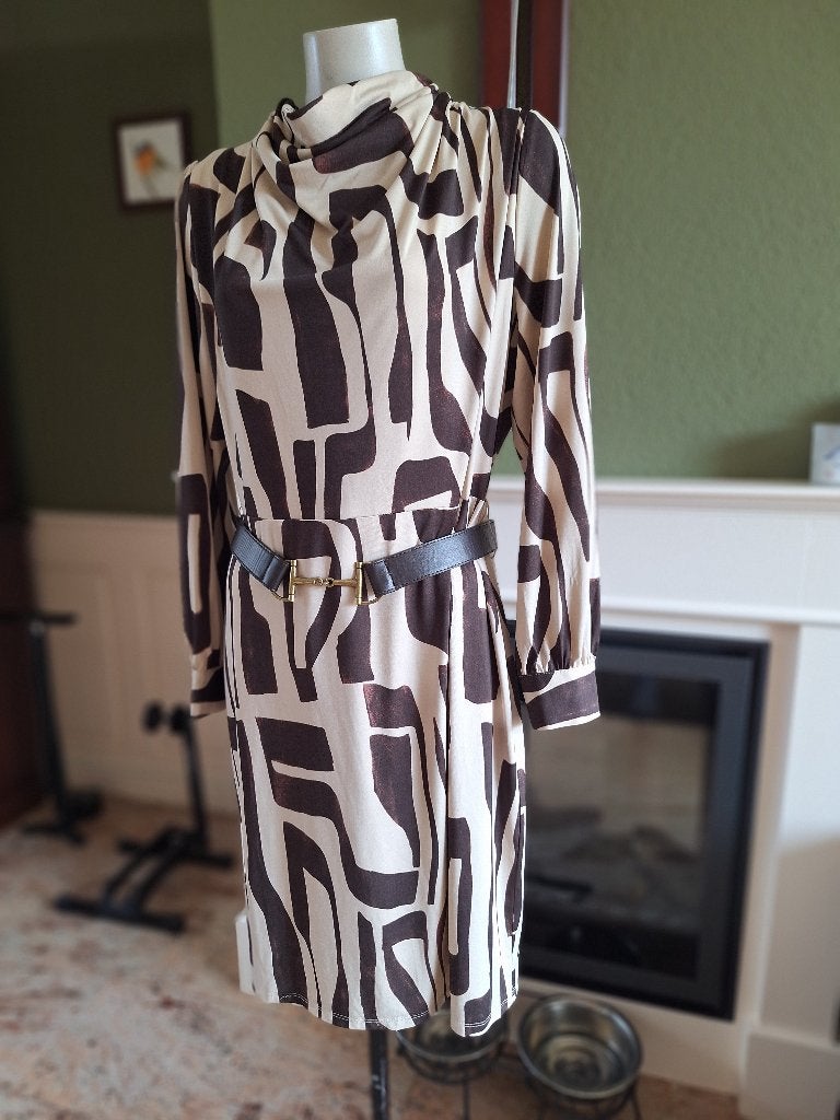 K-design Crème beige bruine jurk met riem L, K-design, Verzenden, Beige, Maat 42/44 (L)