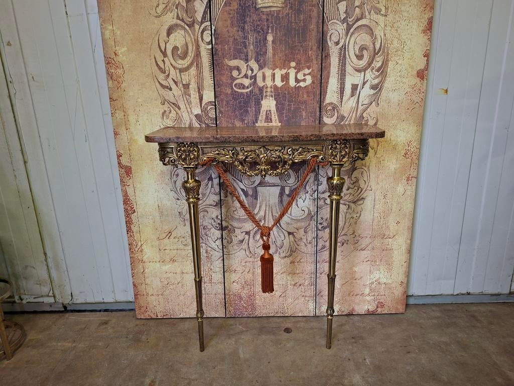 Messing wandconsole met marmeren bovenblad, sidetable, halta