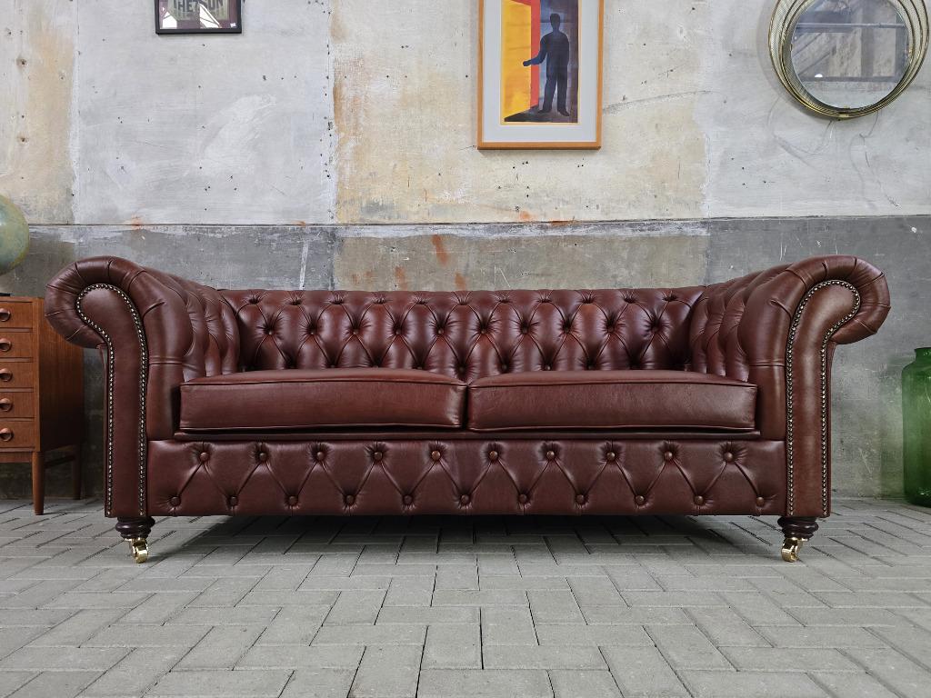 Nieuwe Leren Chesterfield Bank | Drie Persoons Tabaks Bruin, 75 tot 100 cm, Ophalen of Verzenden, Rechte bank, Klassiek Vintage Retro Brocante Industrieel Landelijk