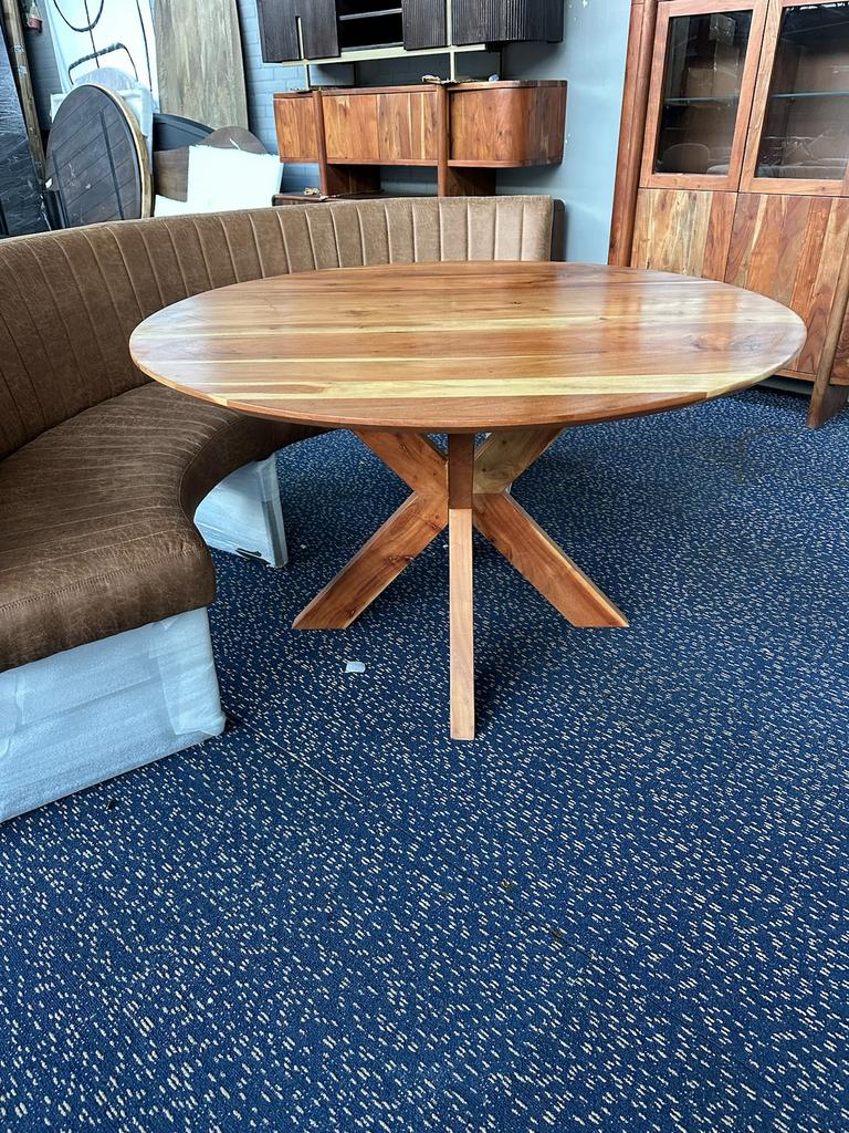 Mangohout Ronde eettafel naturel met kruispoot, Ophalen of Verzenden, Zo goed als nieuw, Rond
