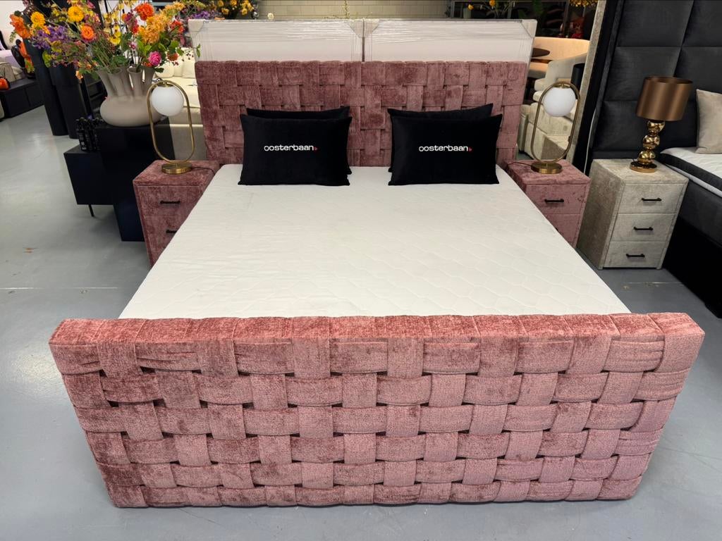 Luxe Velvet Teddy Boxspring Braid 180x200cm Roze NEW Uniek, Overige kleuren, Info@oosterbaanwonen.nl, Venus 31 8448CE Heerenveen
