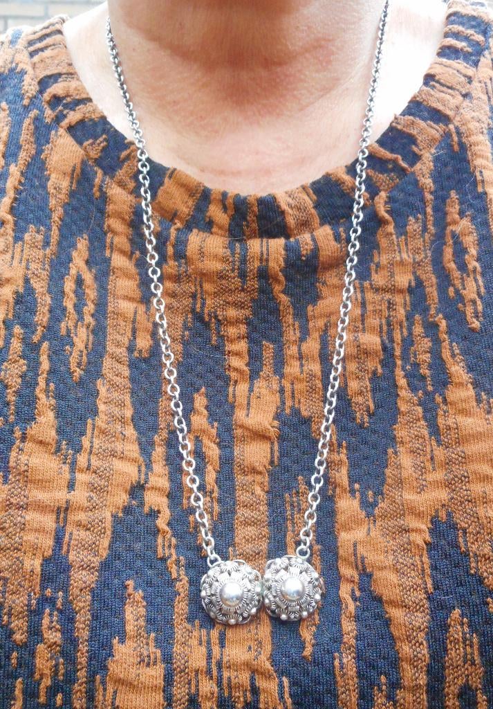 Zilveren antieke jasseron ketting met Zeeuwse knoppen nr.327, Verzenden, Zilver, Ketting