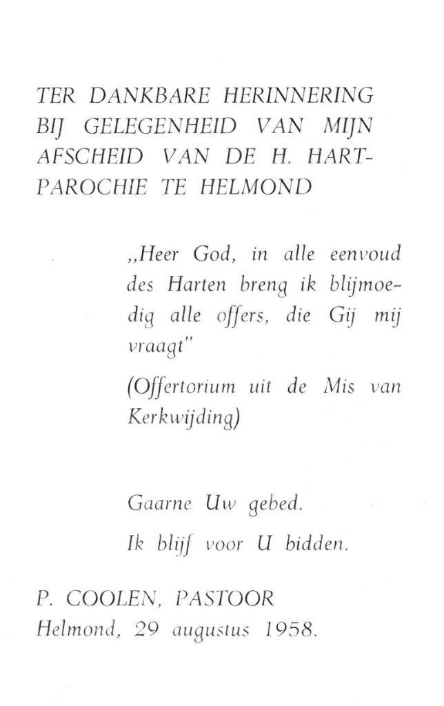 Coolen P. 1958 Helmond, Ophalen of Verzenden, Bidprentje