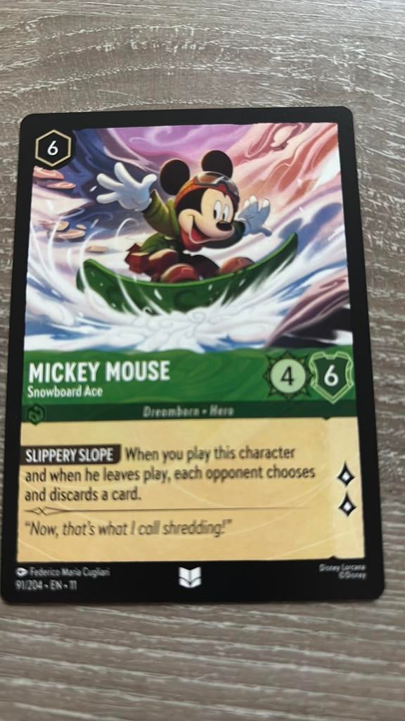Disney Lorcana Mickey Mouse snowboard 91-204 11WSP nonfoil, Ophalen of Verzenden, Zo goed als nieuw, Losse kaart