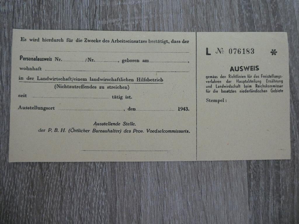 Vrijstelling ausweis voor de Arbeiteinsatzes., Verzamelen, Ophalen of Verzenden, Overige soorten, Nederland, Overige typen