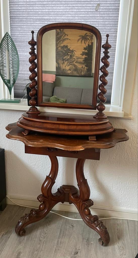 Antieke kaptafel met spiegel, Ophalen, Overige vormen, 50 tot 100 cm, 150 tot 200 cm