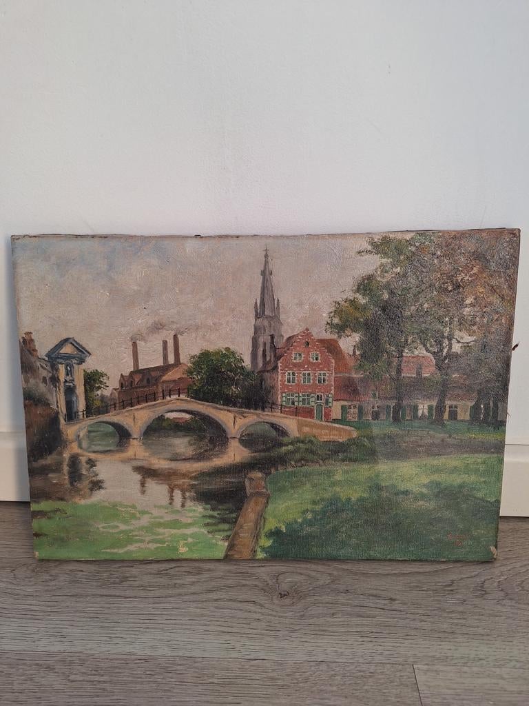 Oud schilderij van Brugge, 1912, Antiek en Kunst, Ophalen of Verzenden