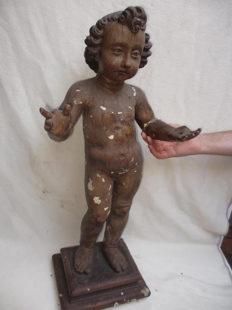 Antieke 18e eeuwse  zeldzame houten Putti op sokkel 83cm, Antiek en Kunst, Kunst | Beelden en Houtsnijwerken, Ophalen