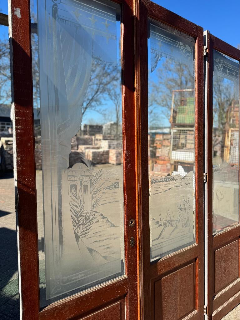 4-delige antieke openslaande deuren met geëtst glas 249x282, Ophalen of Verzenden
