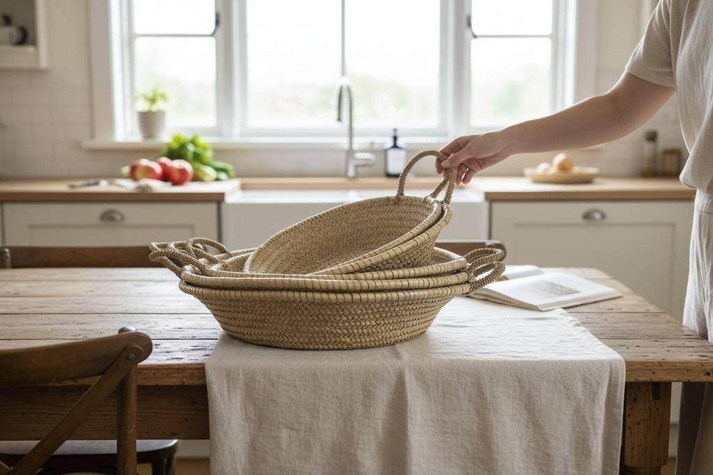 Set van 4 rotan gevlochten manden / boho decoratie, Ophalen, Rond, Riet