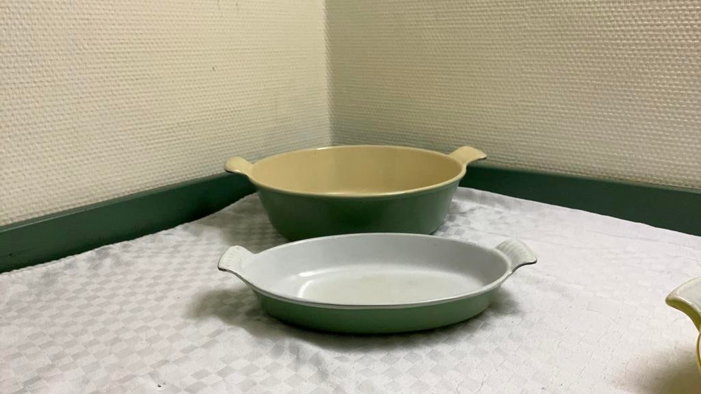 Gietijzeren pannen, groen, dru holland, brocante, Ophalen of Verzenden, Zo goed als nieuw, Gietijzer, Koekenpan of Braadpan