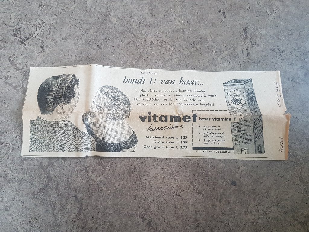 Advertentie haarcrème Vitamef (Parool 1958), Ophalen of Verzenden, 1940 tot 1960, Knipsel(s)