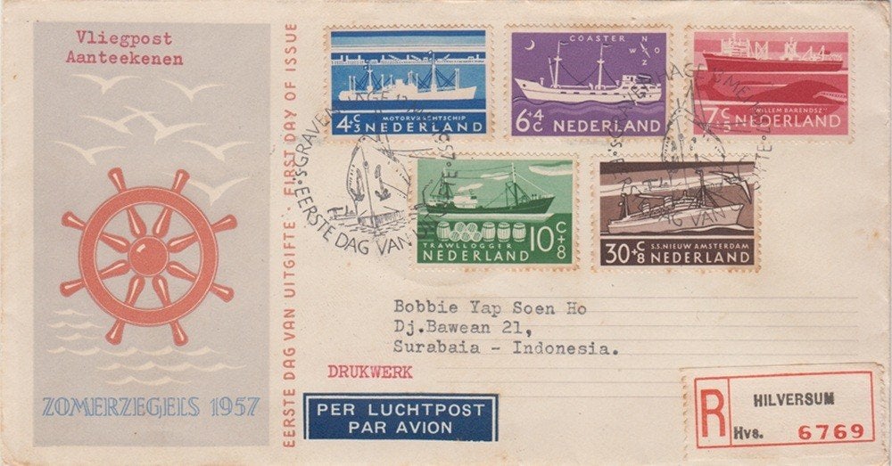 Nederland FDC E 29 aangetekend naar Soerabaja13 mei 1957, Postzegels en Munten, Brieven en Enveloppen | Nederland, Ophalen of Verzenden