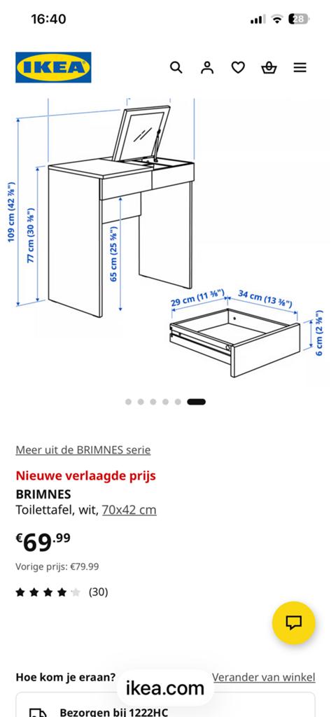 Ikea kaptafel ophalen, Eenpersoons, Minder dan 160 cm, Ophalen of Verzenden, Zo goed als nieuw