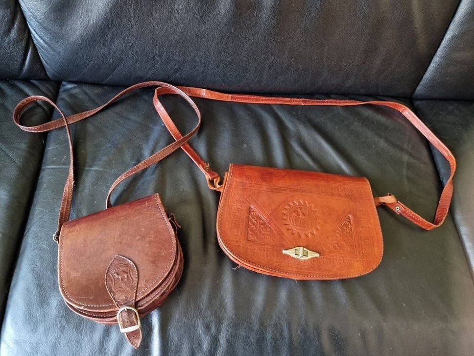 Vintage Lederen Tasjes uit Marokko - Set van 2, Sieraden, Tassen en Uiterlijk, Ophalen of Verzenden, Gebruikt, Bruin, Schoudertasje