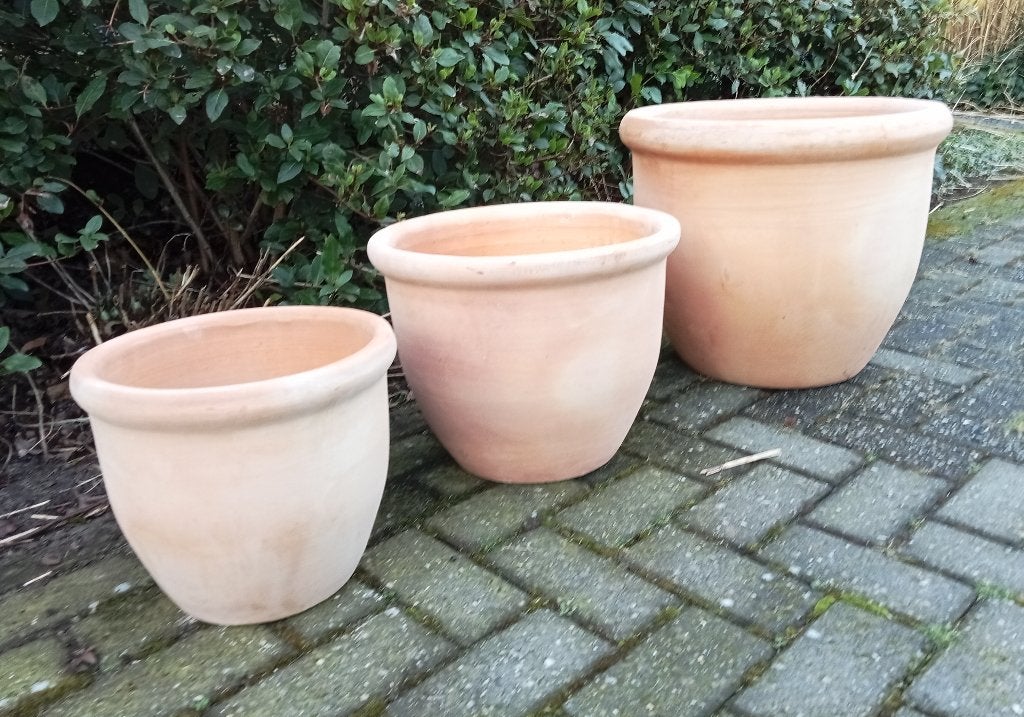 Mooie hard gebakken terracotta pot canto withwasch., Ophalen, Overige materialen, Minder dan 60 cm, Rond