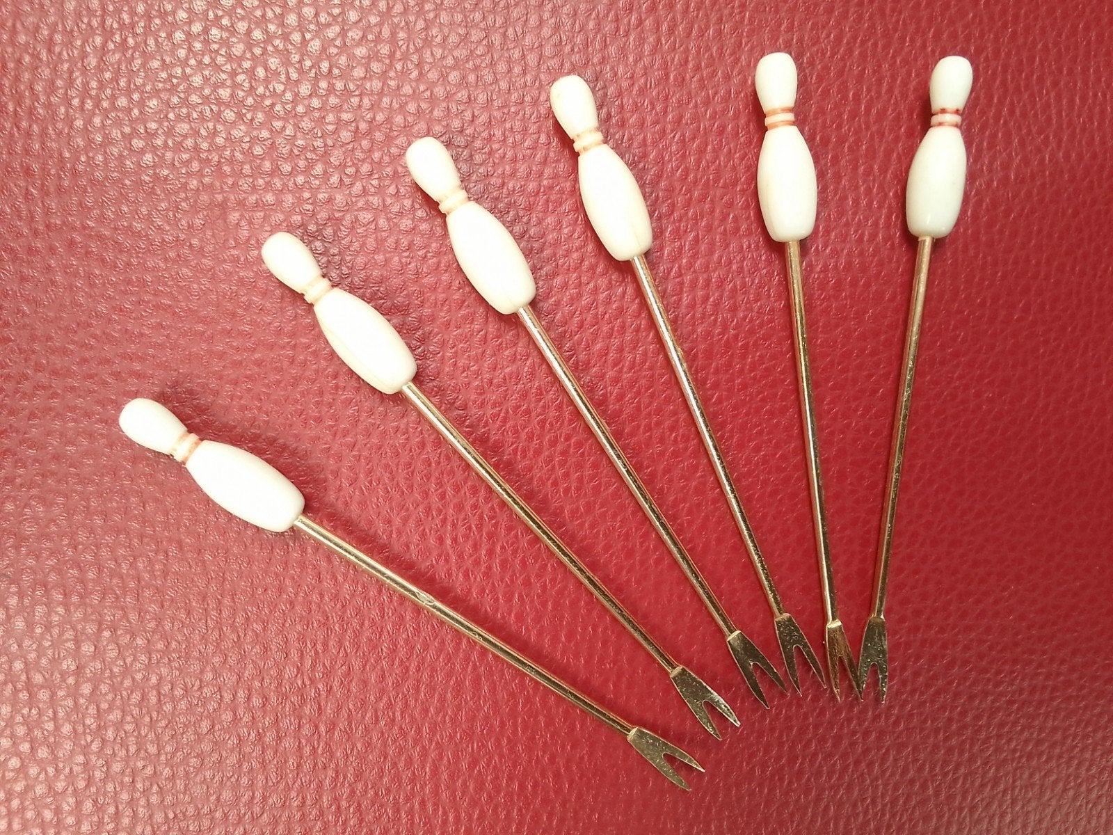 6 cocktailprikkers met bowling kegels als handvat, vintage, Ophalen of Verzenden