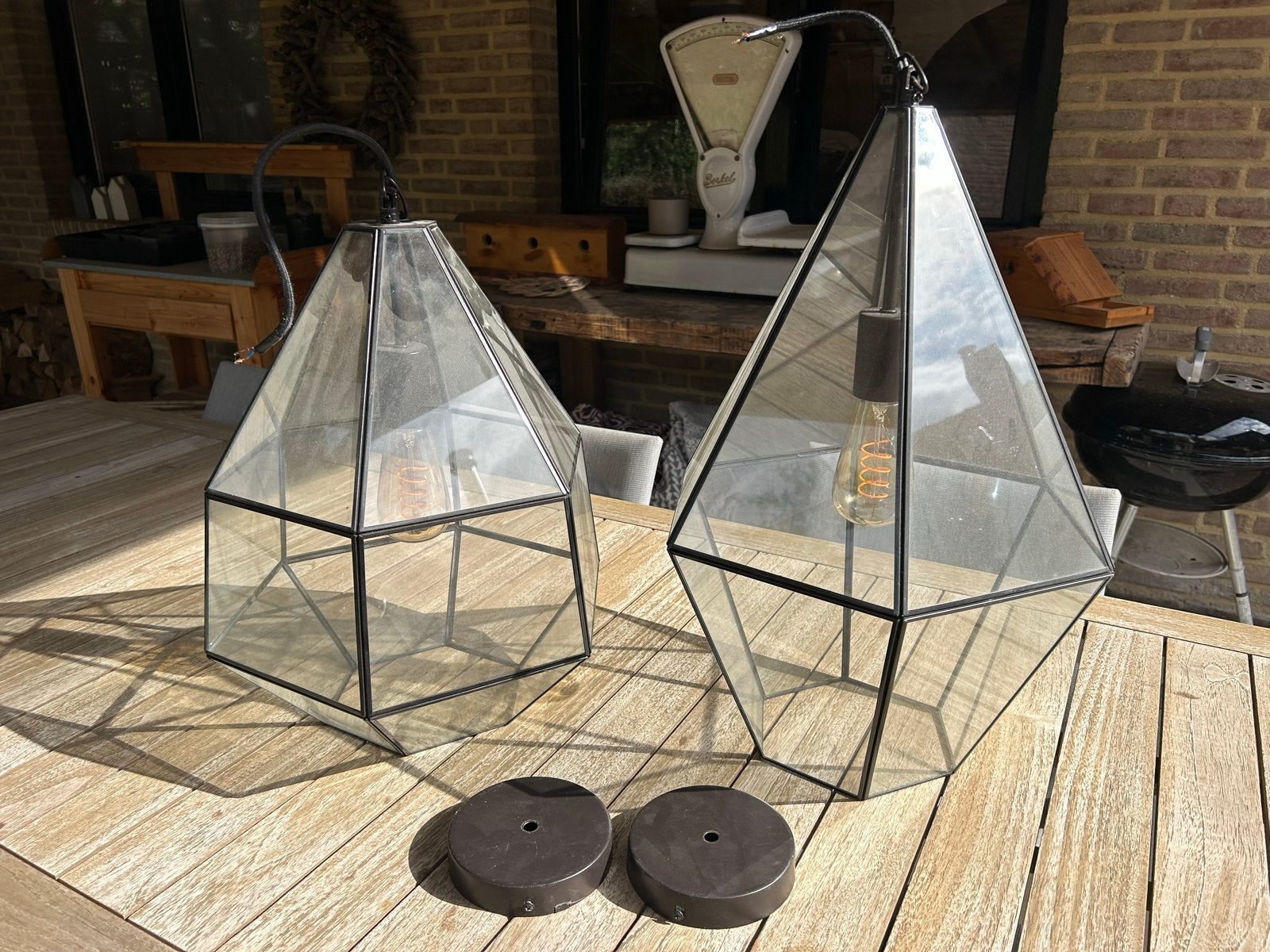Set van 2 geometrische hanglampen, Ophalen, Zo goed als nieuw, Glas, E27 (groot)