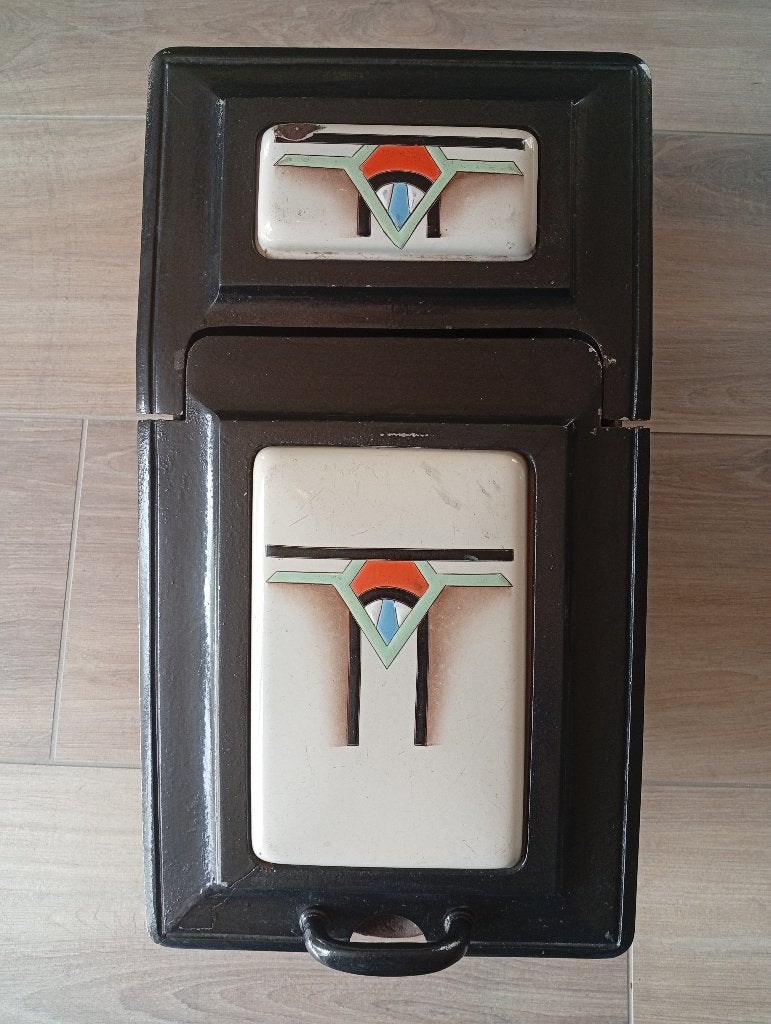 kolenbak aanmaakhoutjesbak, art nouveau emaille met schep, Ophalen of Verzenden