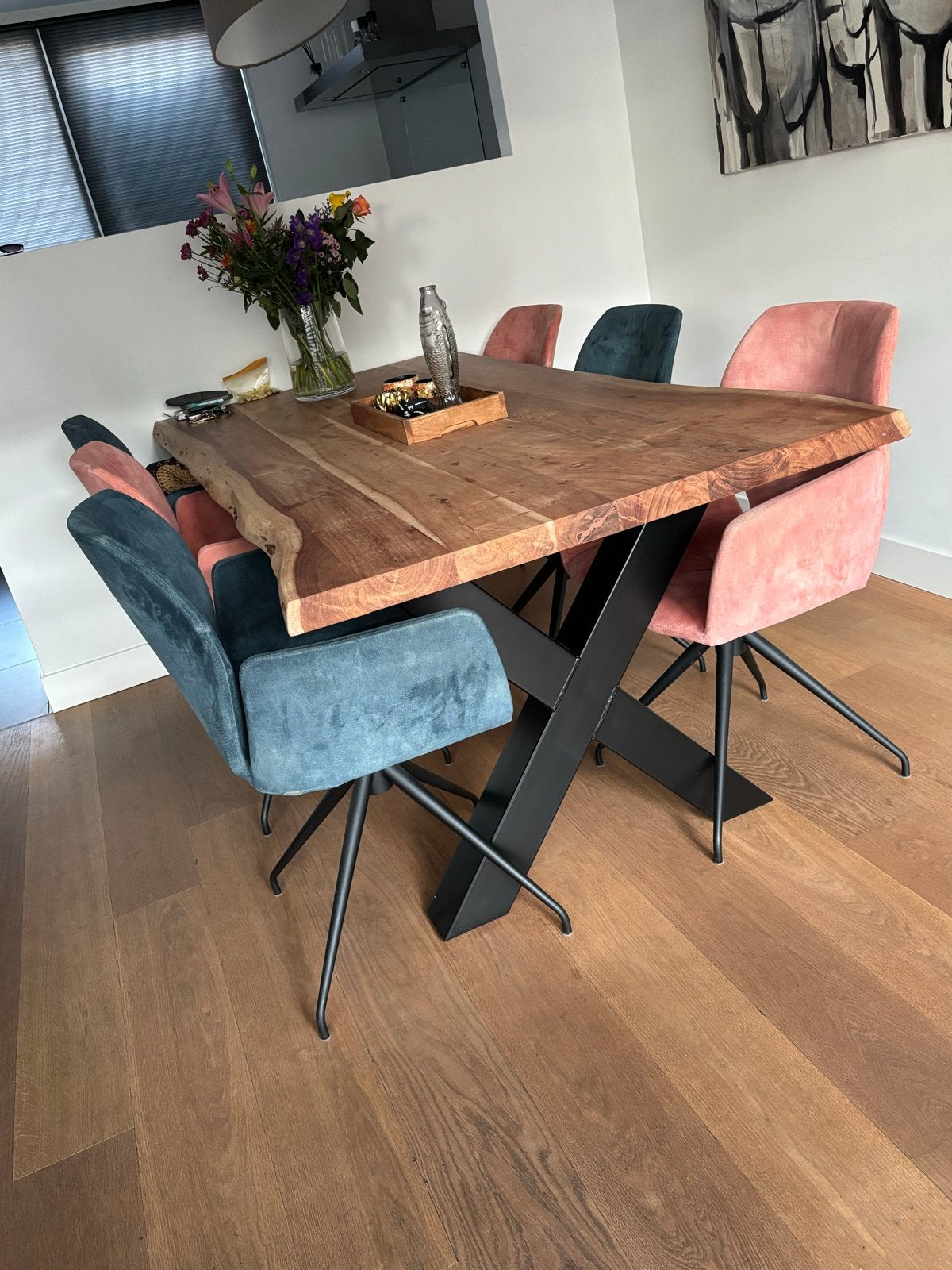 Massieve acacia boomstamtafel - 95 cm breed, Ophalen, 200 cm of meer, 50 tot 100 cm, Zo goed als nieuw