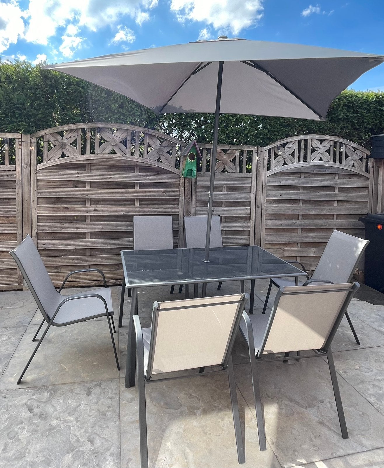 Tuinset met parasol en parasolvoet, Aluminium, Zo goed als nieuw, Stoel, Ophalen