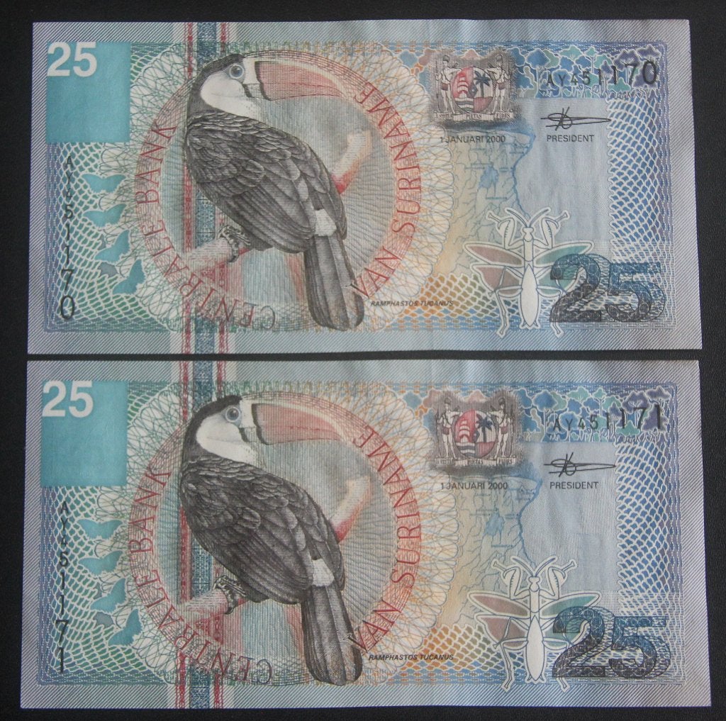 2x 25 gulden suriname 2000 nummers opv. errrrg mooi, Ophalen of Verzenden, Midden-Amerika, Setje