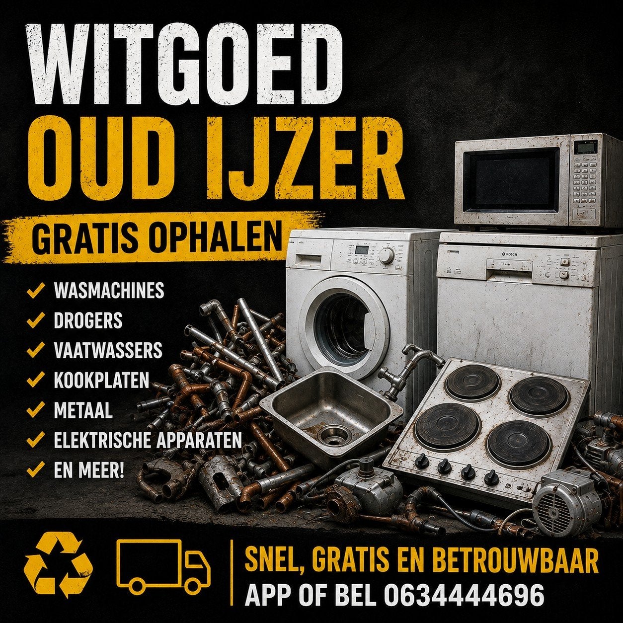 Witgoed en metalen GRATIS OPGEHAALD, Ophalen