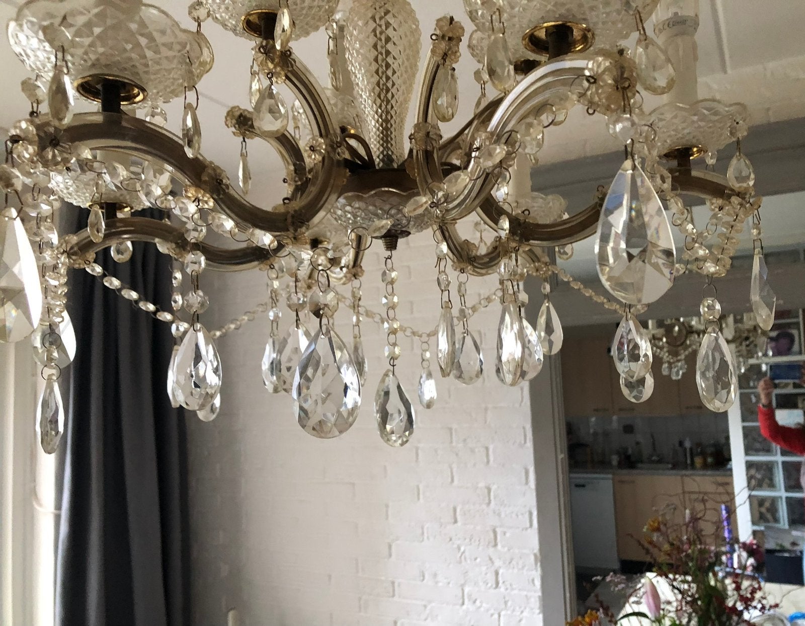 ANTIEK KRISTAL OUDE KROONLUCHTER, 2 LAGEN, 9 LAMPS, Ophalen, BAROK / BROCANT, Gebruikt, E14 (klein)