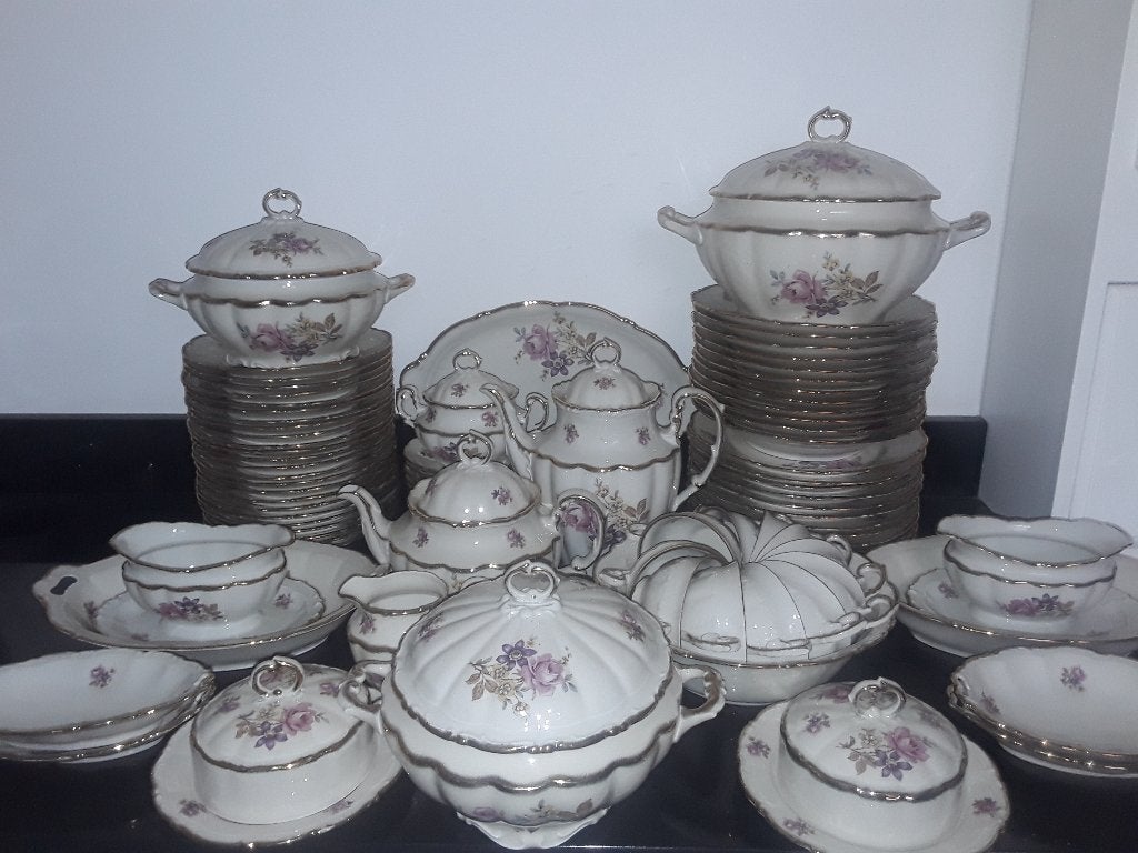 Antiek groot barok eet/theeservies vol goud&bloemen, Ophalen