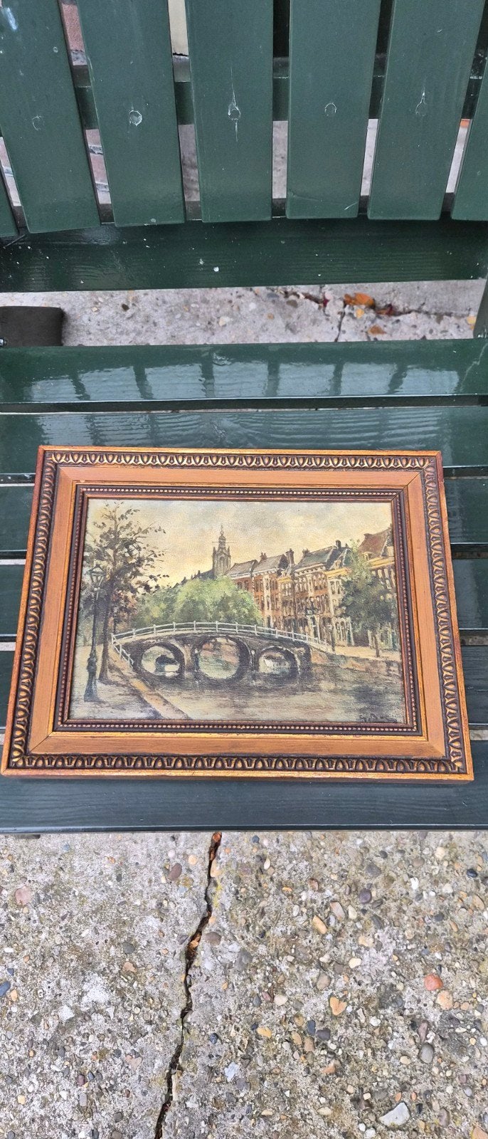Mooi schilderij van gracht, waarschijnlijk Amsterdam, Ophalen of Verzenden